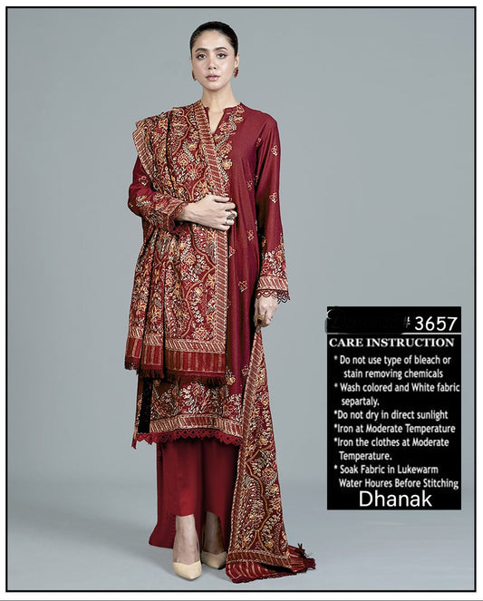 3-Piece Dhanak Suit with Shawl Design 01