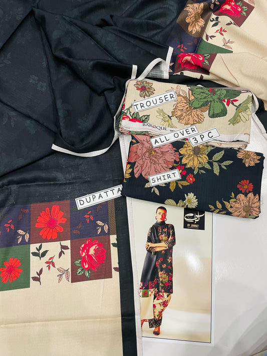 3PC Unstitched Printed Linen Bana Dora Dress Baroque Design-01