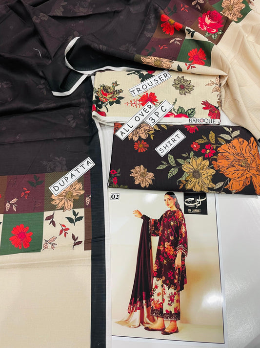 3PC Unstitched Printed Linen Bana Dora Dress Baroque Design-02