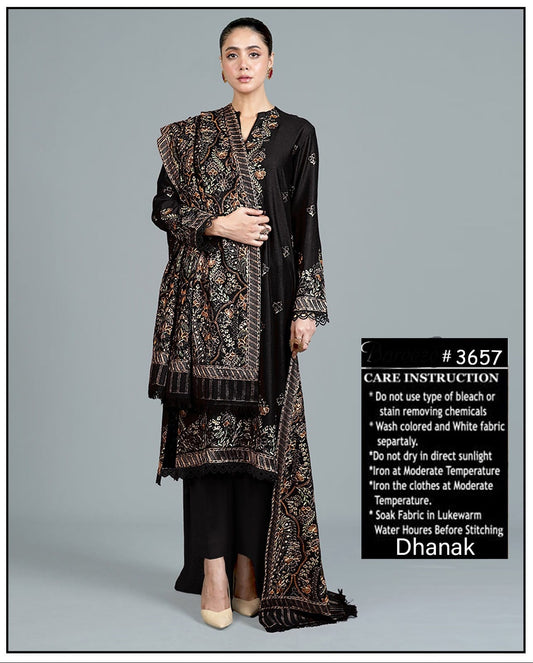 3-Piece Dhanak Suit with Shawl Design 01