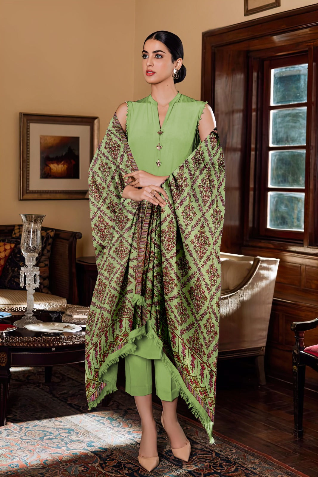3-Piece Dhanak Suit with Shawl Design 04