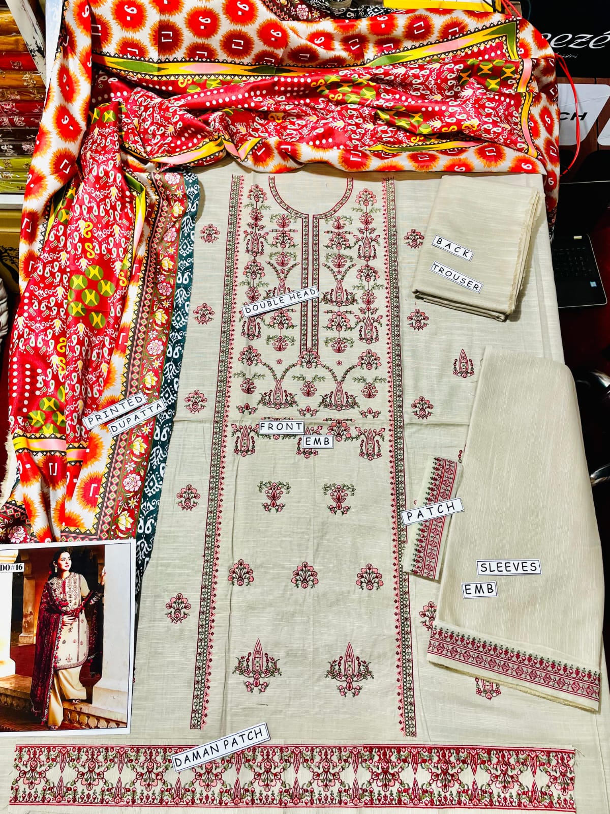 3PC KHADAR EMBROIDERY DRESS WITH PRINTED SHWAL DESIGN 01