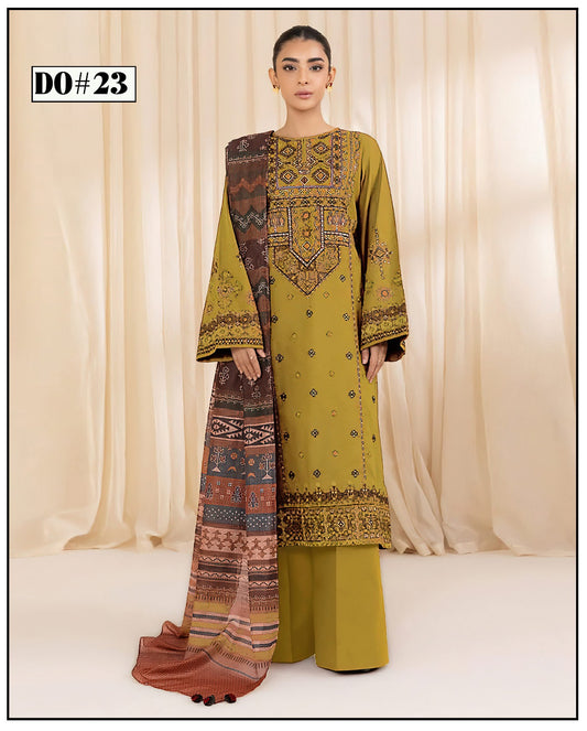 3PC KHADAR EMBROIDERY DRESS WITH PRINTED SHWAL DESIGN 09
