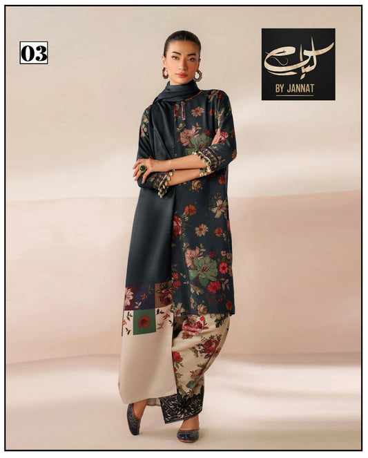 3PC Unstitched Printed Linen Bana Dora Dress  Baroque Design-01