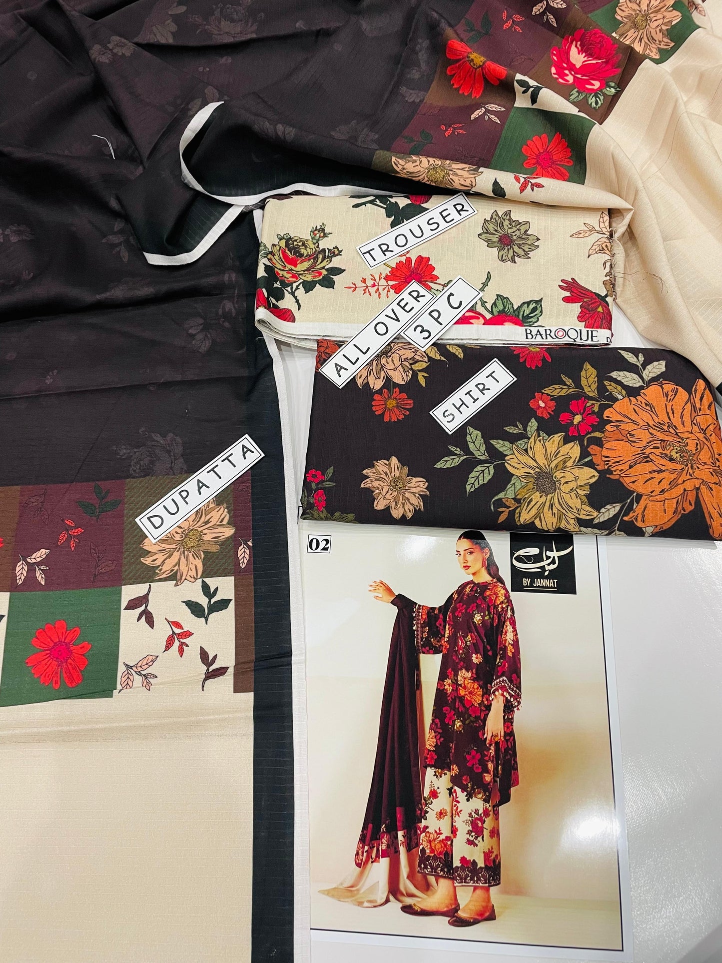 3PC Unstitched Printed Linen Bana Dora Dress  Baroque Design-02